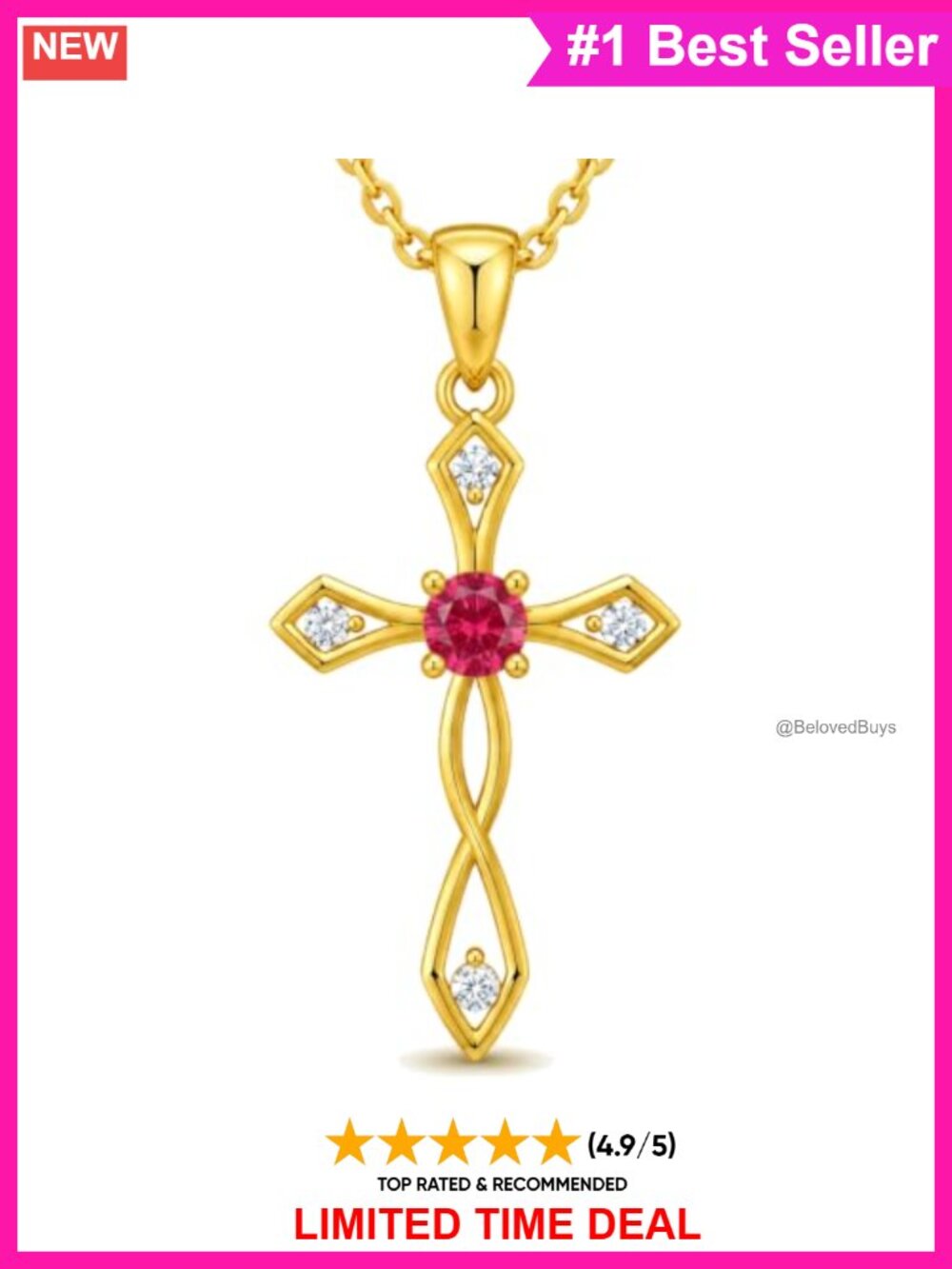 18K Gold Cross Birthstone Pendant Necklace Adjustable 18+2" Religious Gift